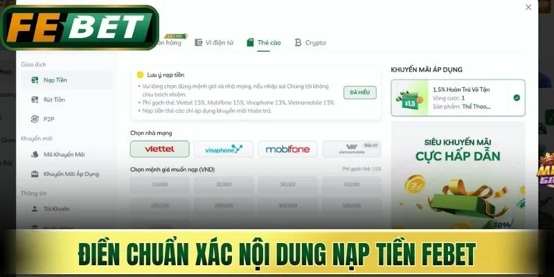Điền chuẩn xác nội dung nạp tiền Febet